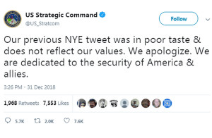 Military agency apologizes for tweet likening bombs to Times Square ball drop