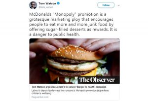McDonald’s UK responds to leader’s call to ban Monopoly campaign