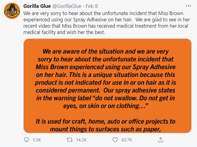 Gorilla Glue on X: We are very sorry to hear about the unfortunate  incident that Miss Brown experienced using our Spray Adhesive on her hair.  We are glad to see in her