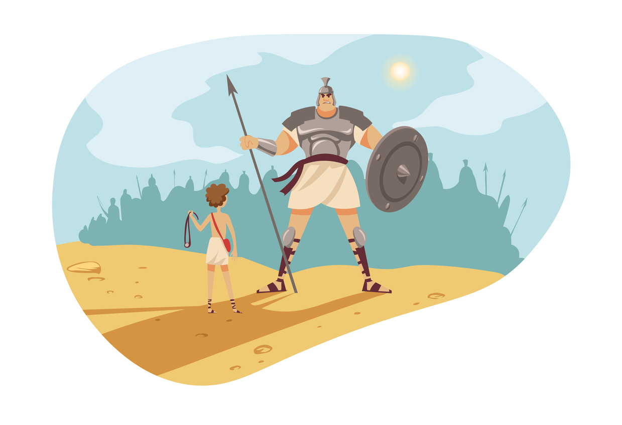 An illustration of a tiny David vs a giant Goliath.