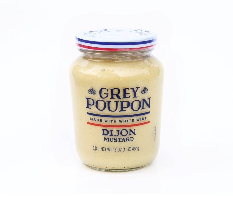 A jar of Grey Poupon is shown here.