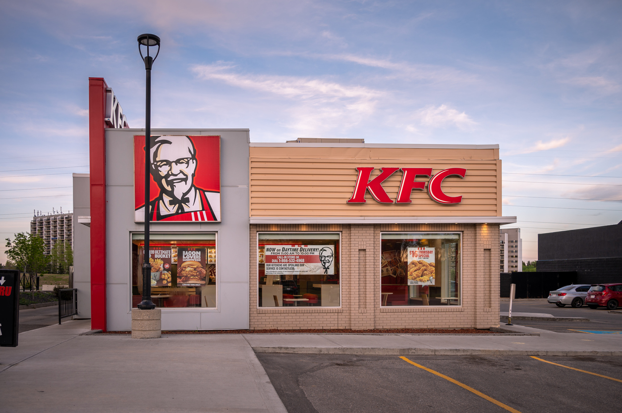 Exterior facade of a KFC restaurant in Calgary, Alberta.