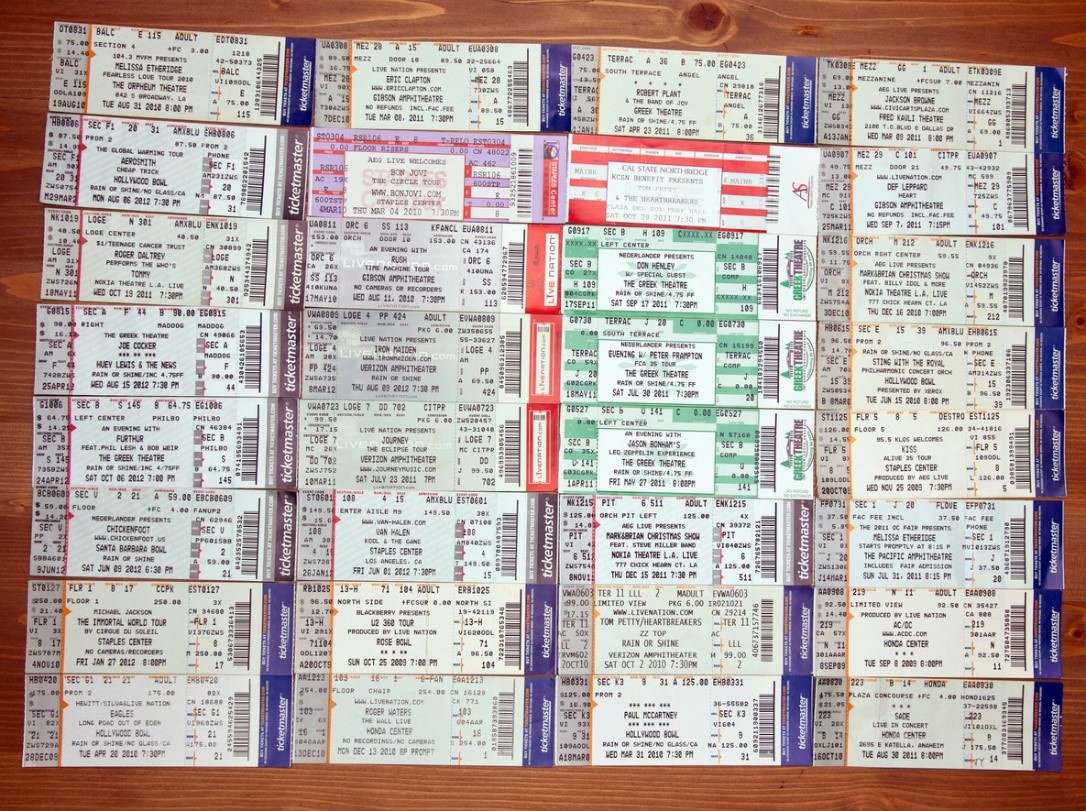 Rows of Ticketmaster tickets are shown.
