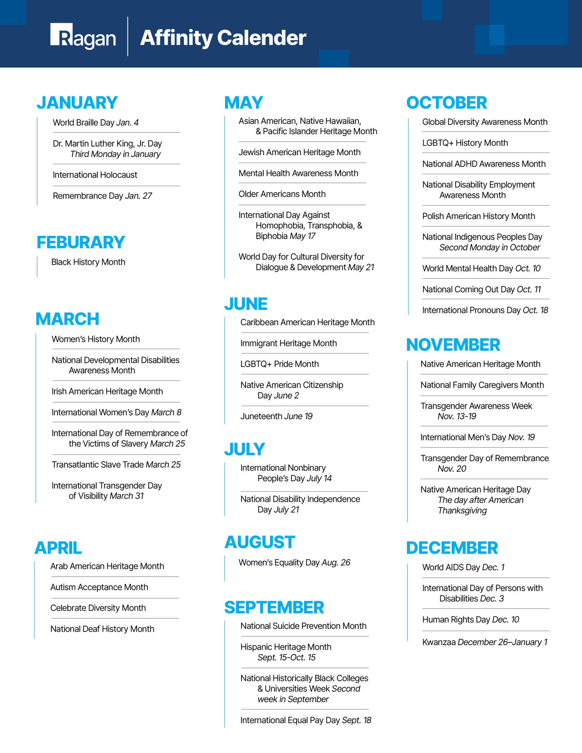 Calendar of affinity days, months and weeks from Ragan Communications.