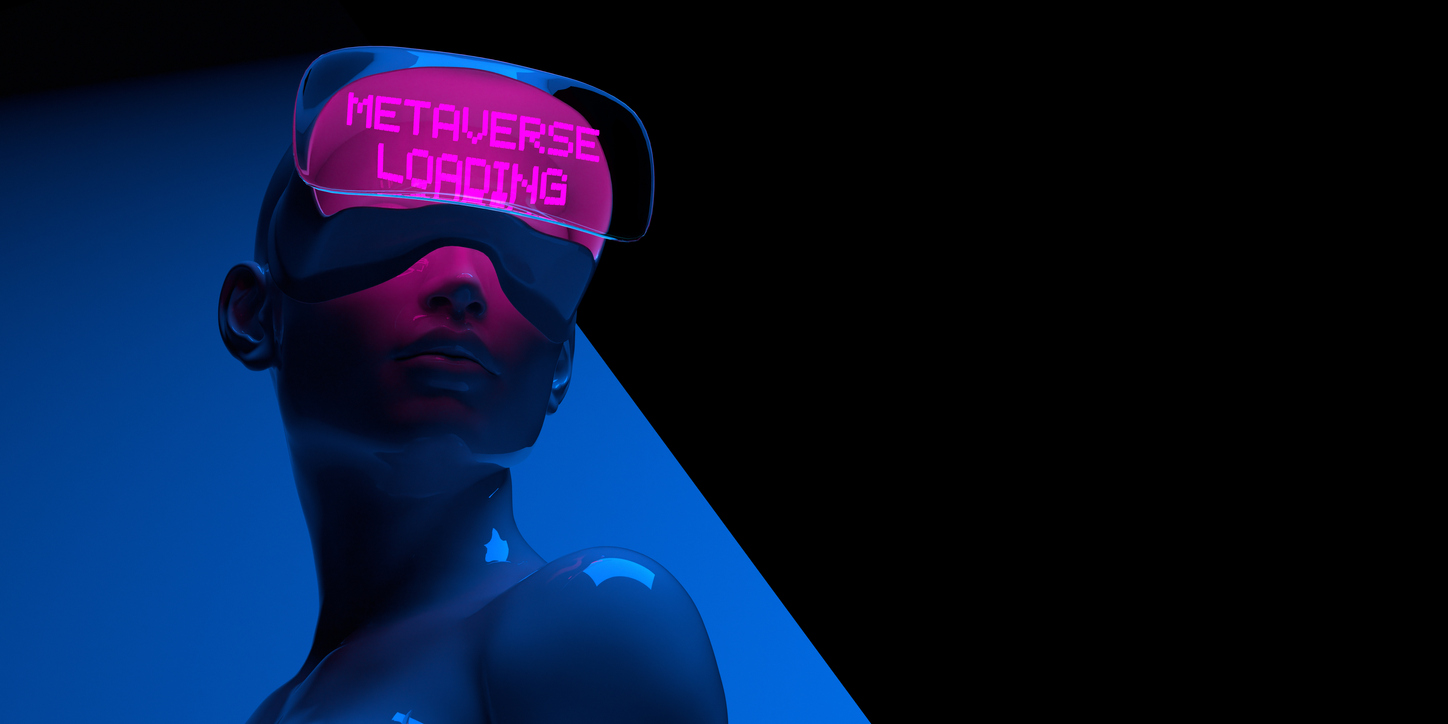 3D render avatar with wearable simulator computer, Virtual Reality headset connecting virtual space. Concept and topics on VR Metaverse Digital cyber technology. AR augmented reality games, blockchain. Futuristic background with copy space. The metaverse is a growing space for brands.