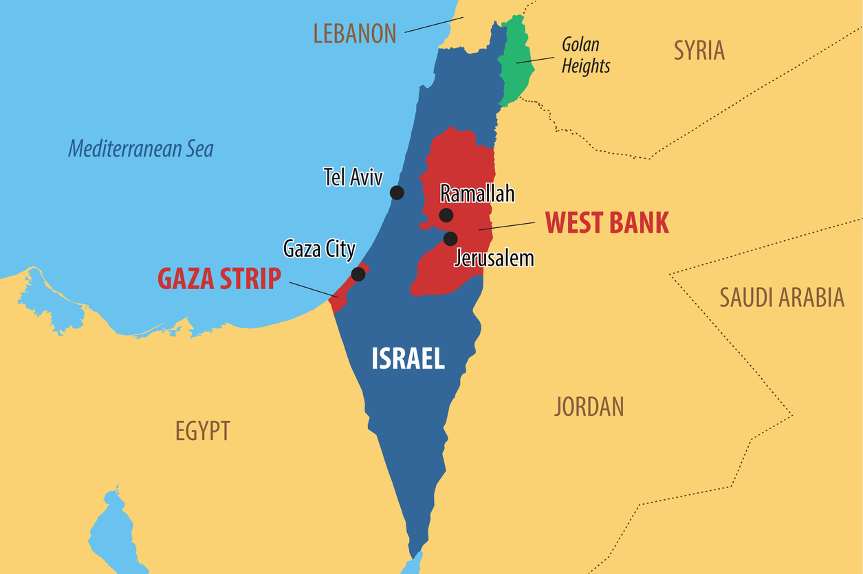 A map of Israel, Gaza and the West Bank