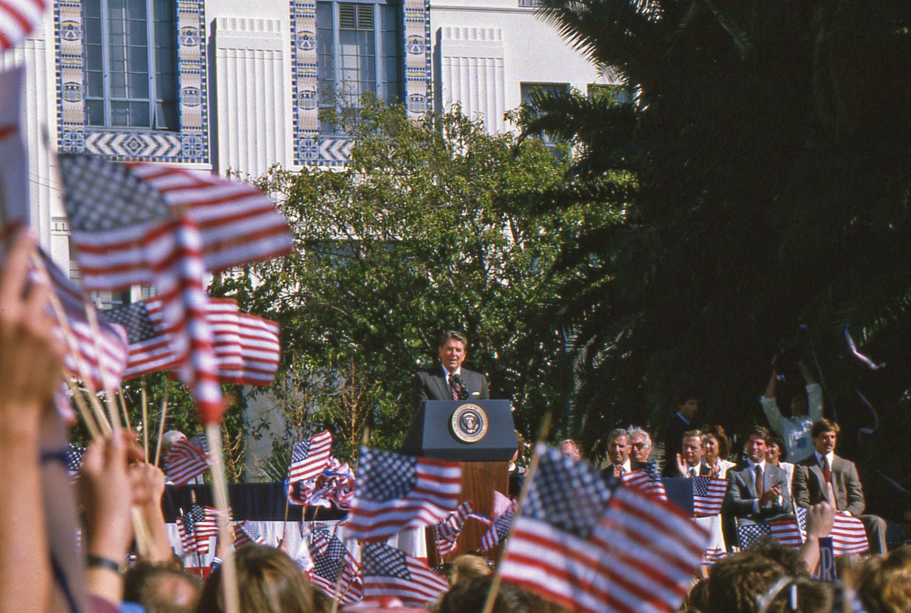 San Diego, CA, USA - October, 22, 1984; President Ronald Reagan giving a speech at a campaign rally at the San Diego County Administration building.