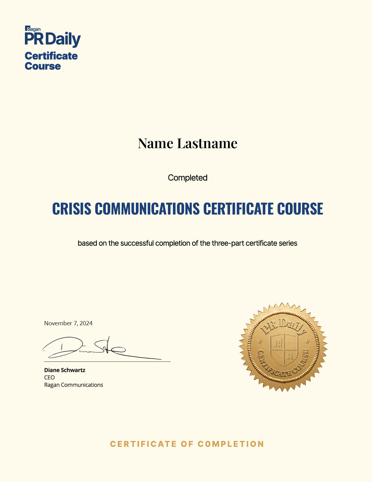 Crisis Communications Certificate Course Certificate
