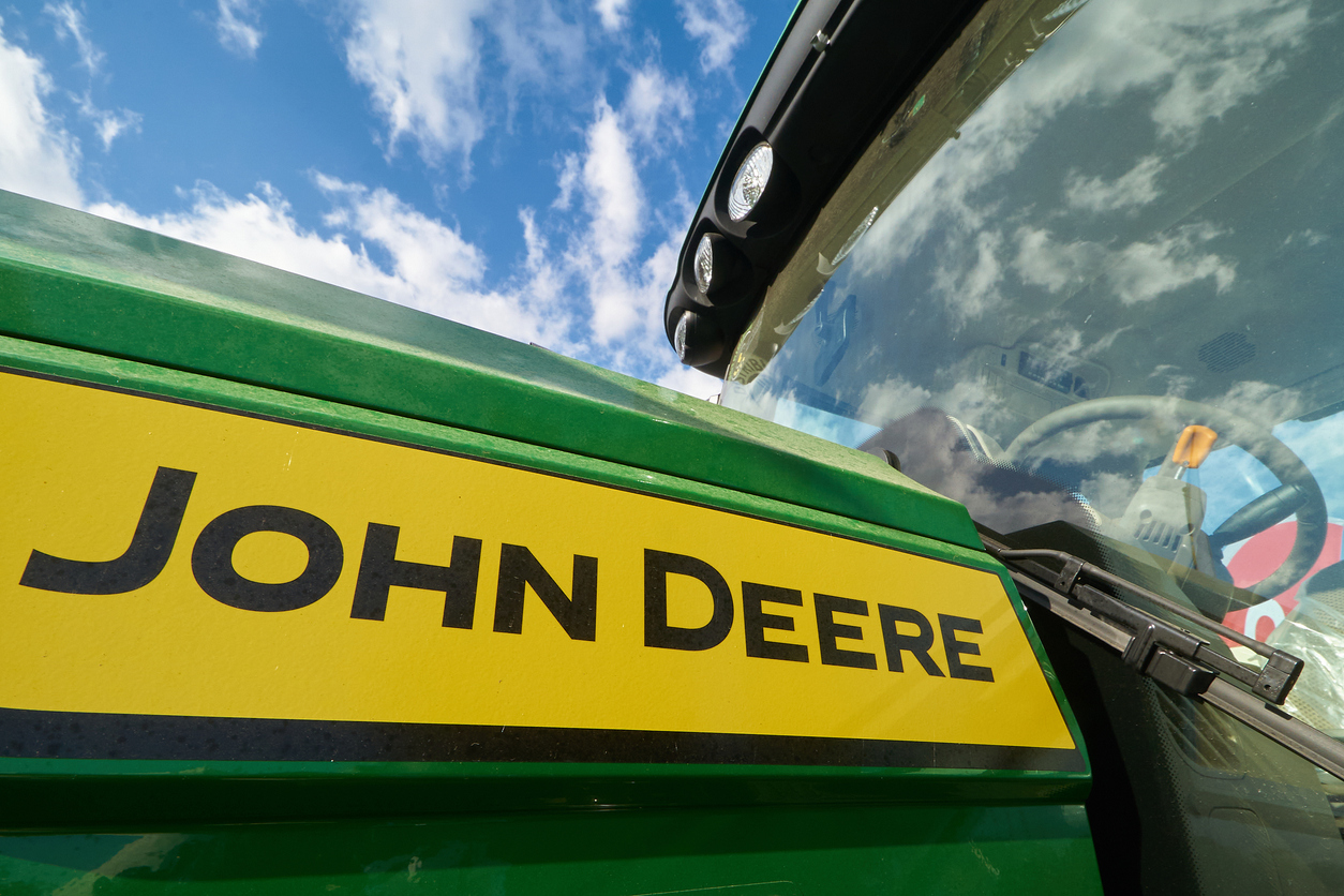 A closeup of a John Deere tractor. (The Scoop: Bots may have been used to sway anti-DE&I public opinion at John Deere, others)