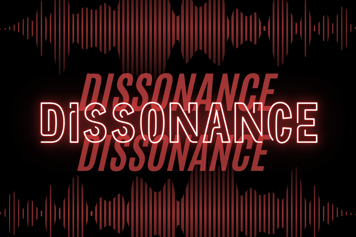 A graphic illustrating the concept of "dissonance," Ragan and PR Daily's word of the year. It has a black background, sound waves, and overlapping text all reading "dissonance" in a red color.